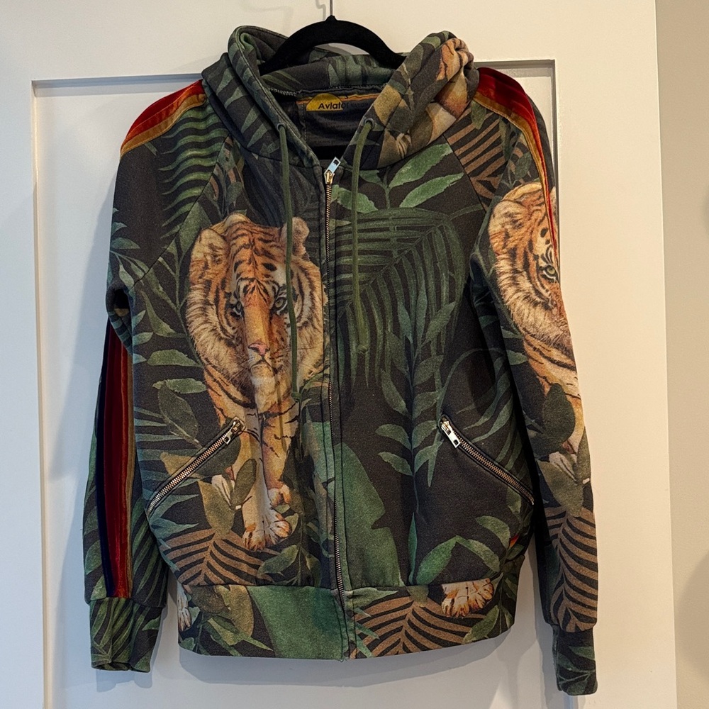 Aviator Nation Mens S Tiger Print zip Hoodie with velvet stripes